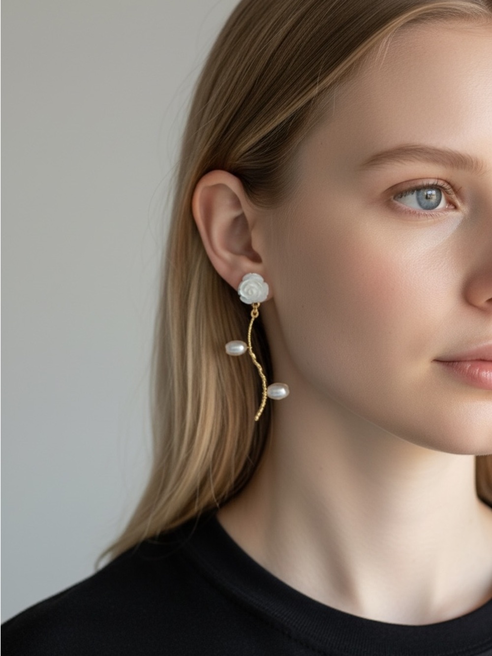 10/24 White Pearl & Gold Floral Drop Earrings
